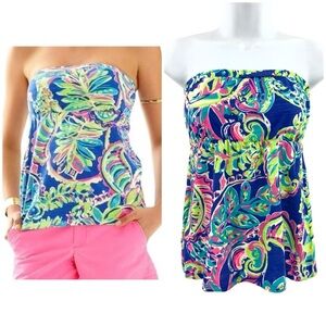 Lilly Pulitzer Val Strapless Shirt Womens Size S Toucan Play Blue Swirl Babydoll